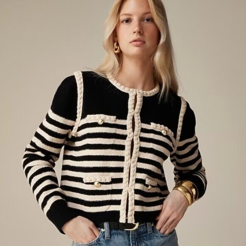 J.Crew Odette Striped Boucle Sweater Jacket Black Ivory Gold Button Preppy L NWT